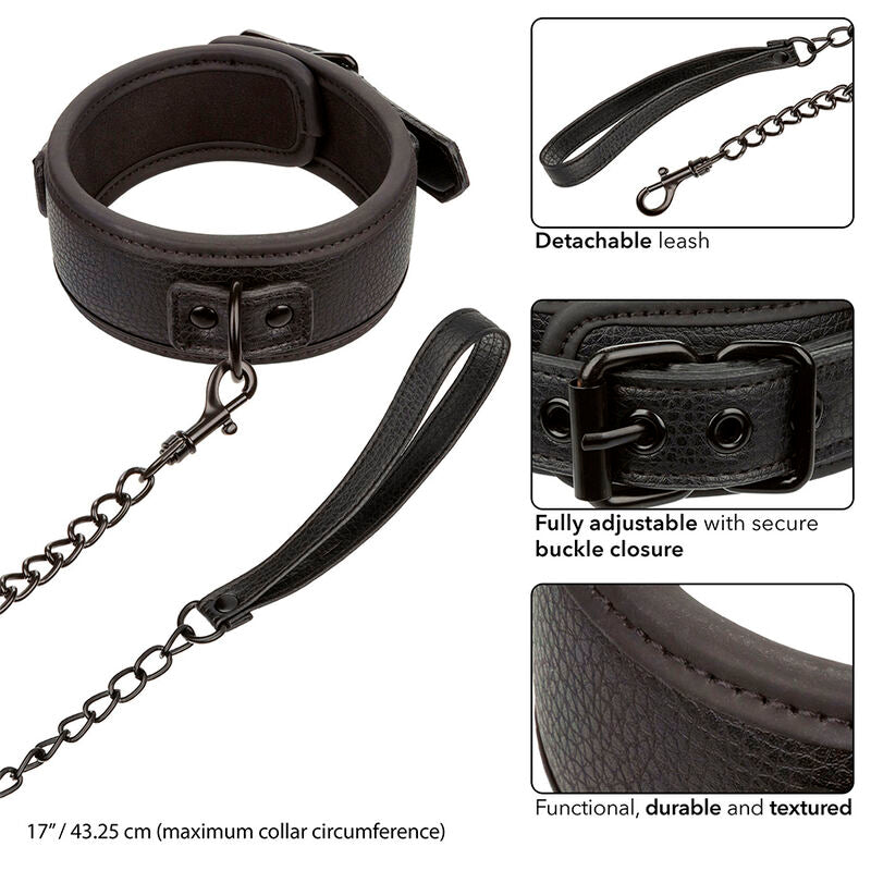 Justerbart halsband och koppel i läder från Calexotics