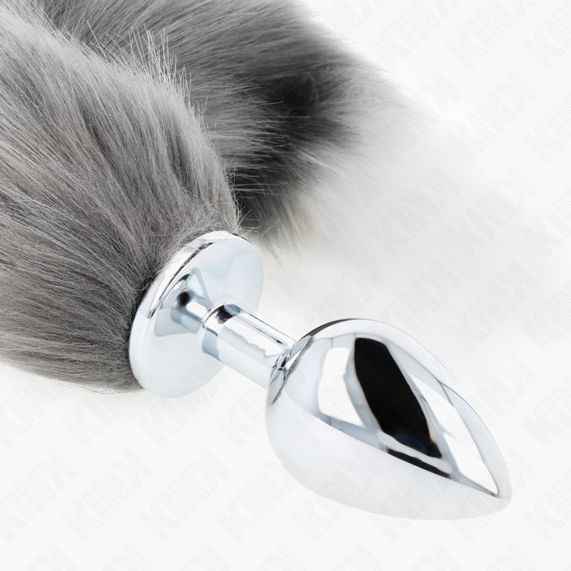 KINK - ANAL PLUG SIZE L 10 X 4 CM MED SYNTHETISK SVANS 40 CM GRÅ OCH VIT