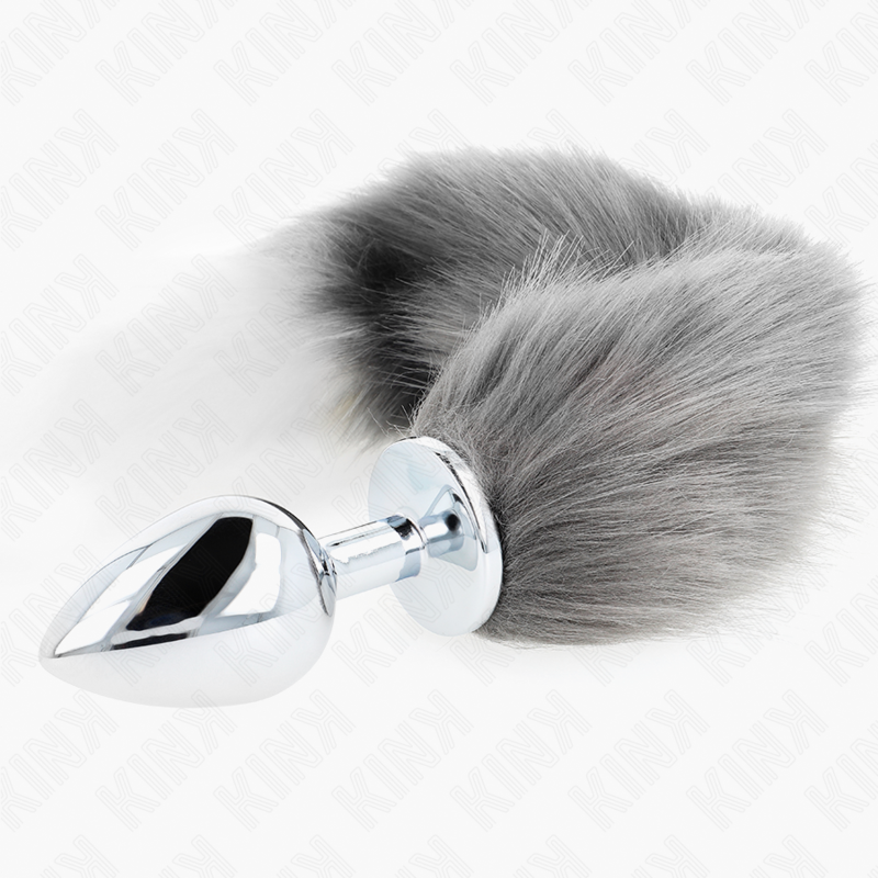 KINK - ANAL PLUG SIZE L 10 X 4 CM MED SYNTHETISK SVANS 40 CM GRÅ OCH VIT