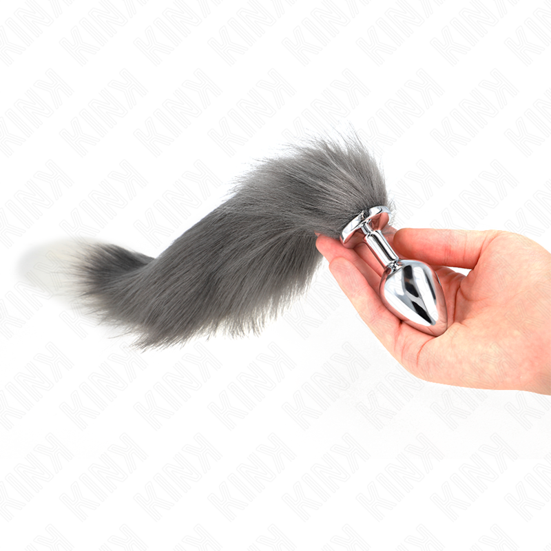 KINK - ANAL PLUG SIZE M 8 X 3.5 CM MED SYNTHETISK SVANS 40 CM GRÅ OCH VIT