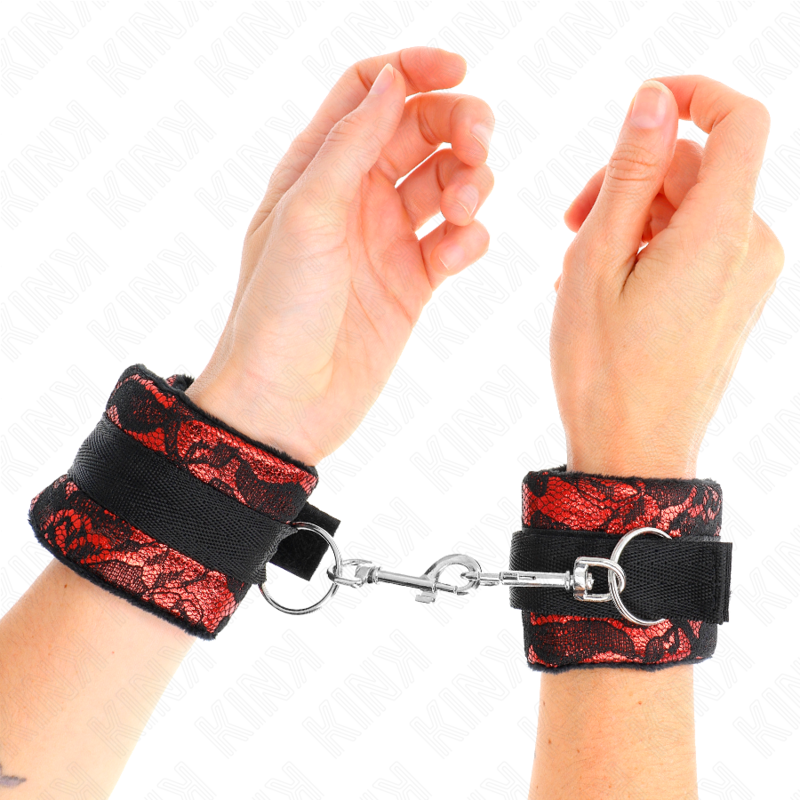 KINK handledsremmar i sammet och spets röd/svart 23 x 6.5 cm