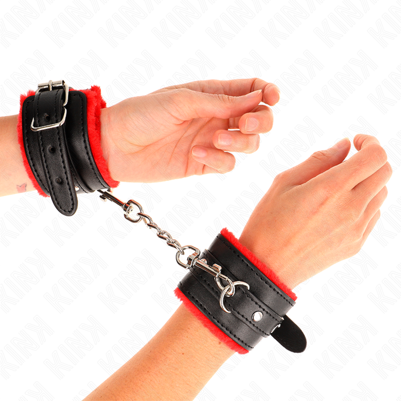KINK premium handledsremmar med foder i fuskpäls, röda med svart bälte