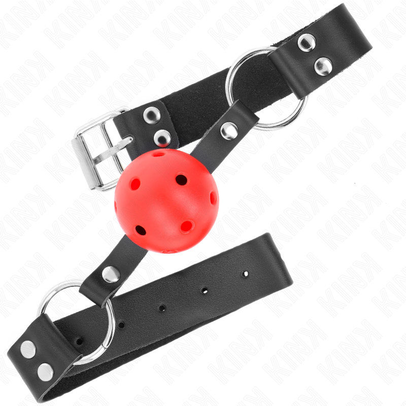 KINK - Andningsbar Boll 4 cm Gag med Dubbel Nitar Röd 62,5 x 2,5 cm Justerbar 42-58 cm