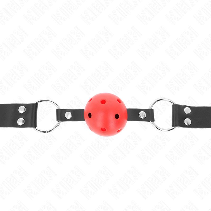 KINK - Andningsbar Boll 4 cm Gag med Dubbel Nitar Röd 62,5 x 2,5 cm Justerbar 42-58 cm