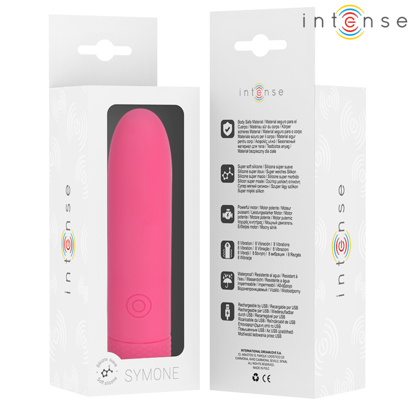 INTENSE - SYMONE USB Återuppladdningsbar Vibrerande Bullet 8 Vibrationer Rosa 10 x 2,2 cm