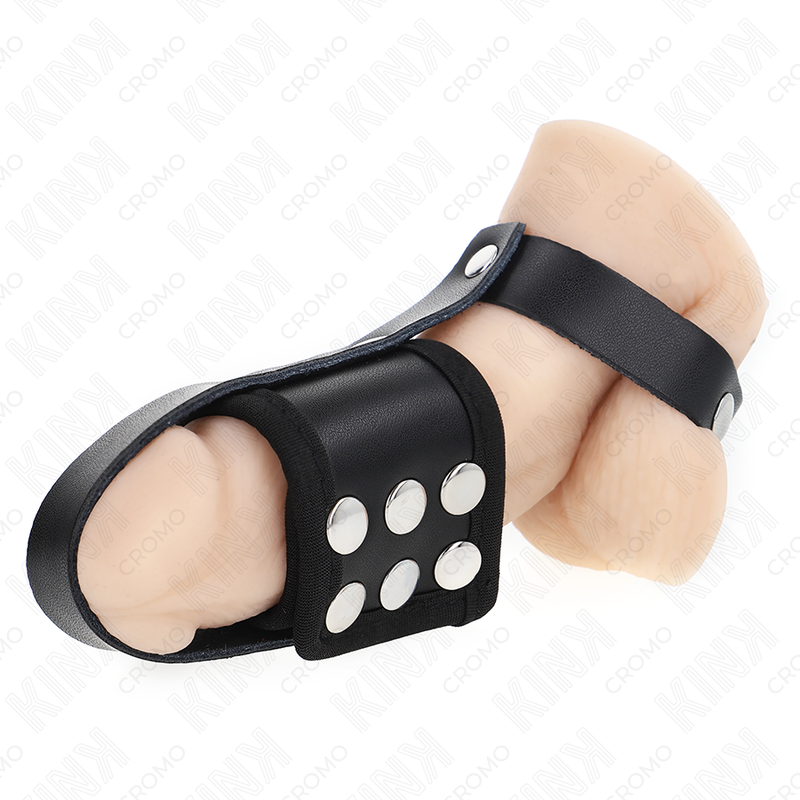 KINK - Läder Penis Cage Ring med Justerbar Ball Divider Rem