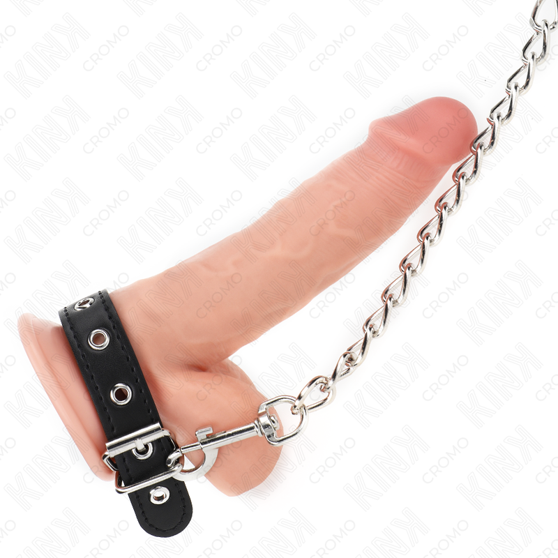 KINK - Läder Penisring med Rem 21,5 x 2 cm och Metallkedja 60 cm