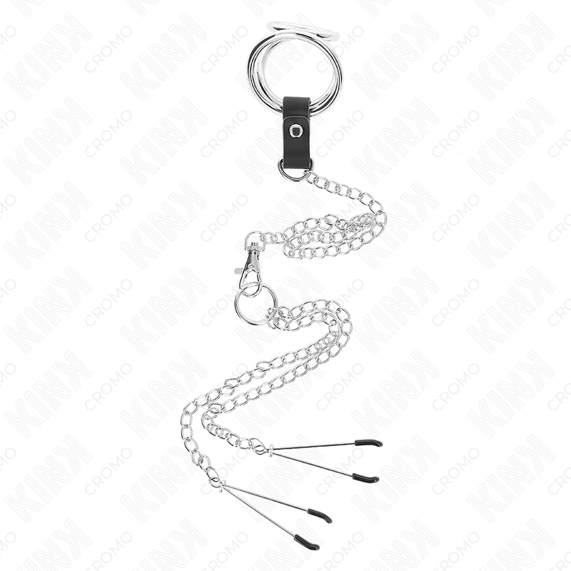 KINK triple chrome penis ring med nipple clips och kedja