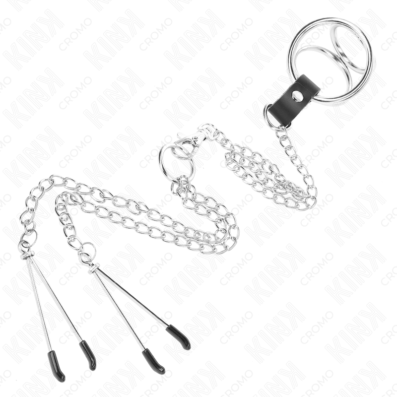 KINK triple chrome penis ring med nipple clips och kedja