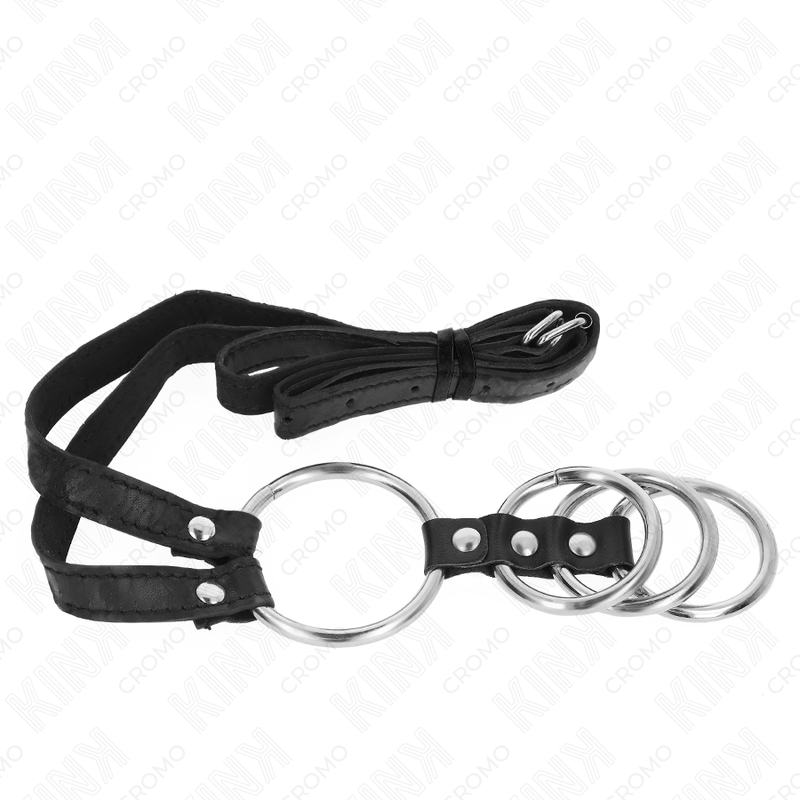 KINK - 4 Anslutna Metall Penisringar 3.8 cm till 5 cm med Läderbälte 112 cm