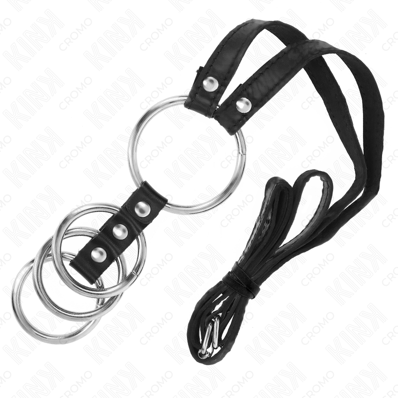 KINK - 4 Anslutna Metall Penisringar 3.8 cm till 5 cm med Läderbälte 112 cm