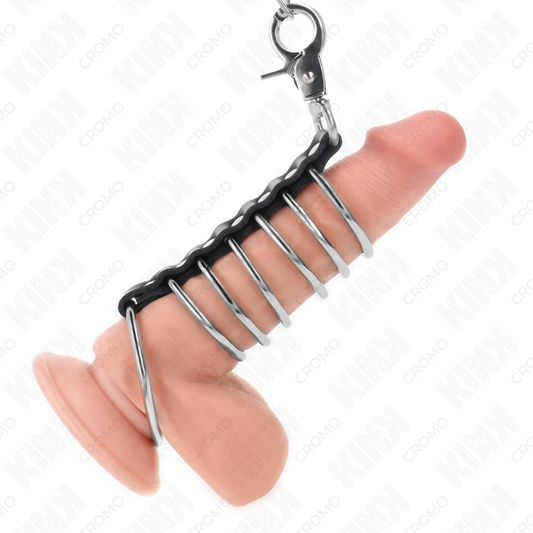 KINK - 7 Metall Penisringar 3.8 cm till 5 cm med Läder och Metallkedja 100 cm