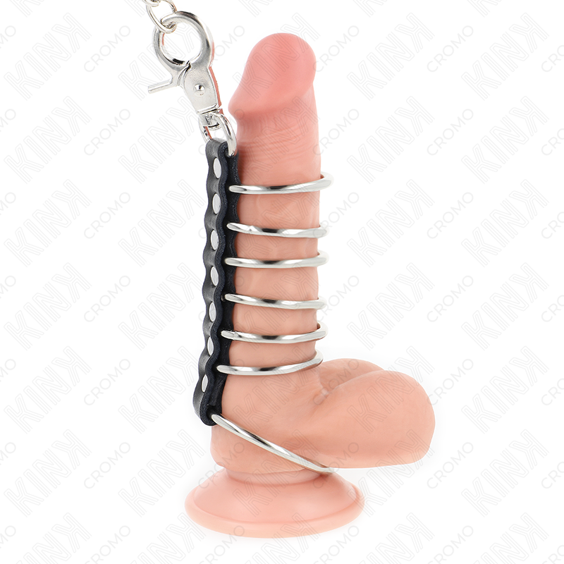 KINK - 7 Metall Penisringar 3.8 cm till 5 cm med Läder och Metallkedja 100 cm