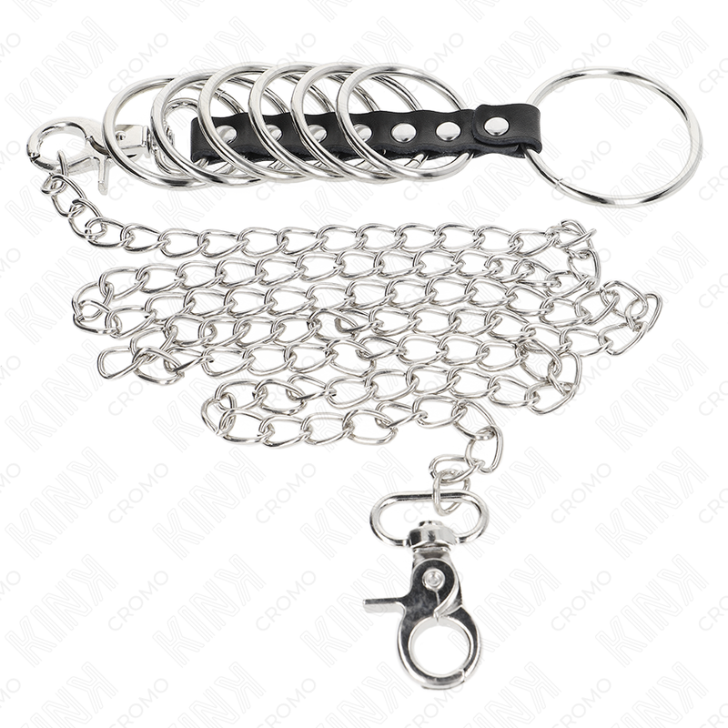 KINK - 7 Metall Penisringar 3.8 cm till 5 cm med Läder och Metallkedja 100 cm