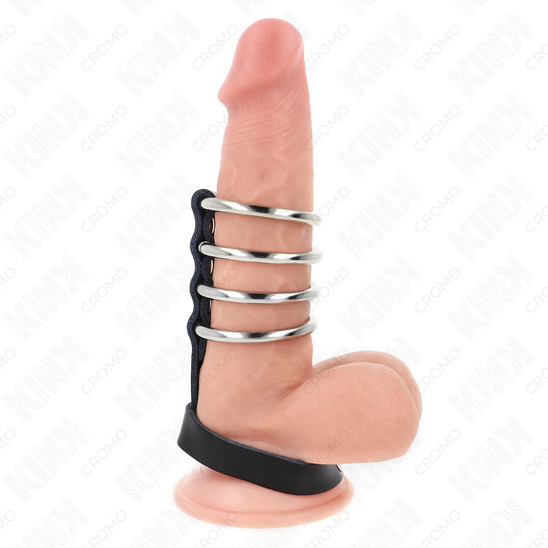 KINK - 4 Metall Penisringar 3.8 cm med Läderrem 22 x 1.5 cm