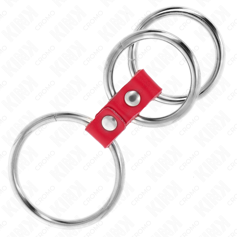 KINK - TRIPLE METAL PENIS RING 3.7 CM TILL 5 CM MED RÖD LÄDER
