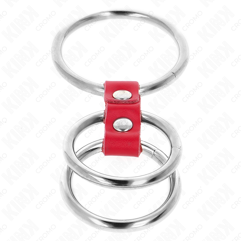 KINK - TRIPLE METAL PENIS RING 3.7 CM TILL 5 CM MED RÖD LÄDER