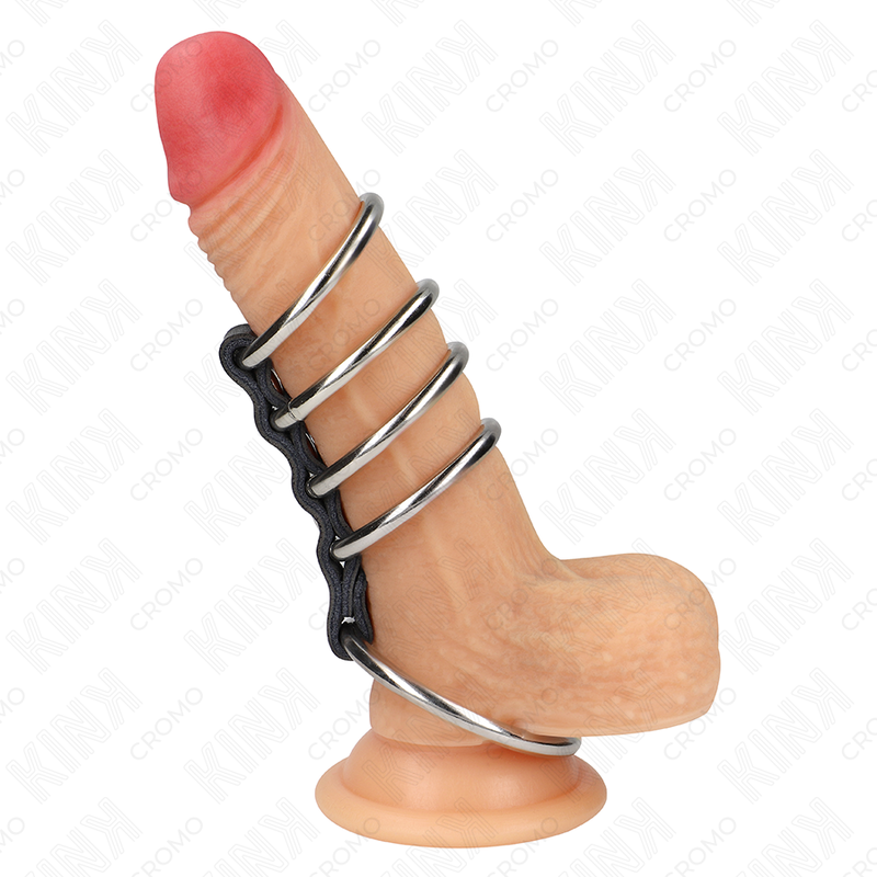 KINK - 5 Penisringar 3,7 cm till 5 cm Metall Kopplade med Läder