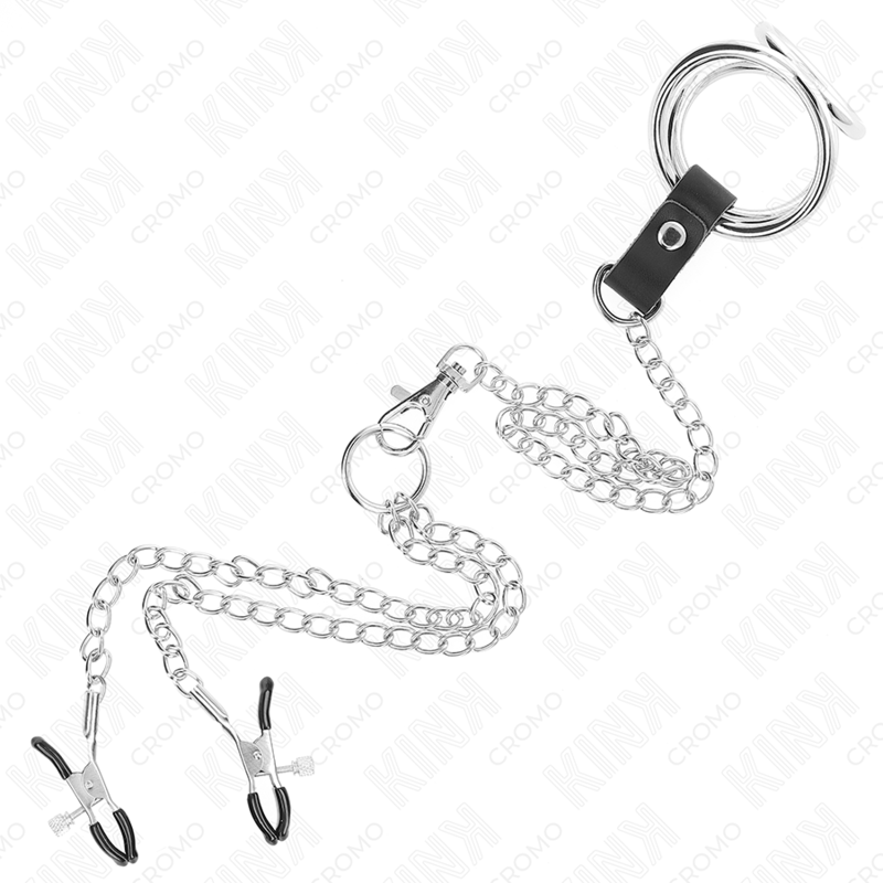 KINK - Triple Chrome Metal Penis Ring 3.8 cm till 5 cm med 26 cm metallkedja och bröstvårtsklämmor Modell 1