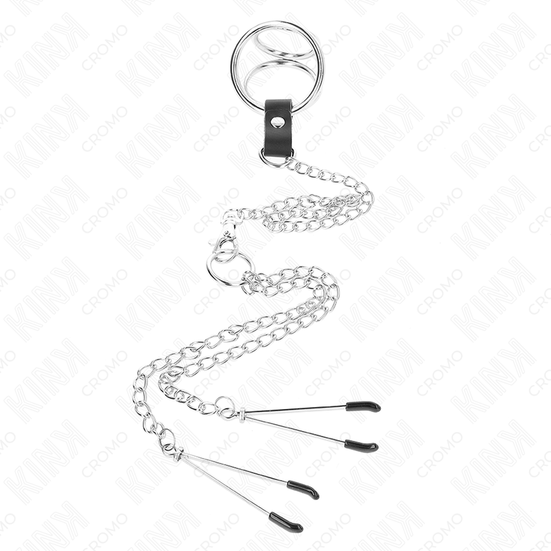 KINK - TRIPLE CHROME METAL PENIS RING 3.8 CM TILL 5 CM MED 26 CM METALCHAIN OCH NIPPLE CLAMPS MODELL 2