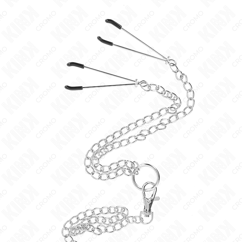 KINK - TRIPLE CHROME METAL PENIS RING 3.8 CM TILL 5 CM MED 26 CM METALCHAIN OCH NIPPLE CLAMPS MODELL 2