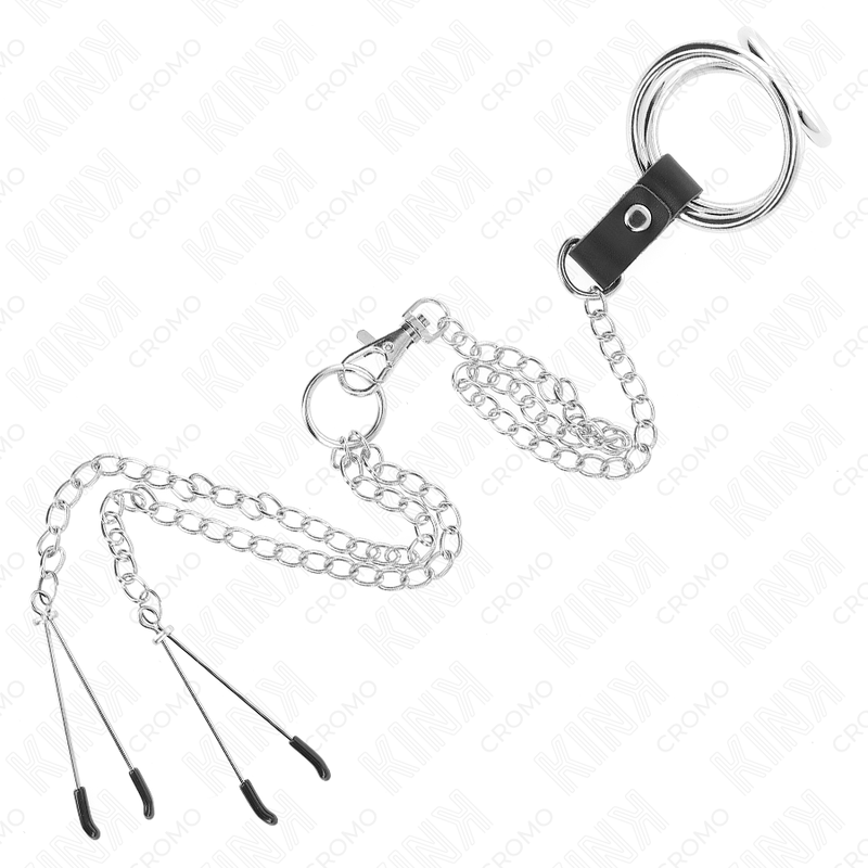 KINK - TRIPLE CHROME METAL PENIS RING 3.8 CM TILL 5 CM MED 26 CM METALCHAIN OCH NIPPLE CLAMPS MODELL 2