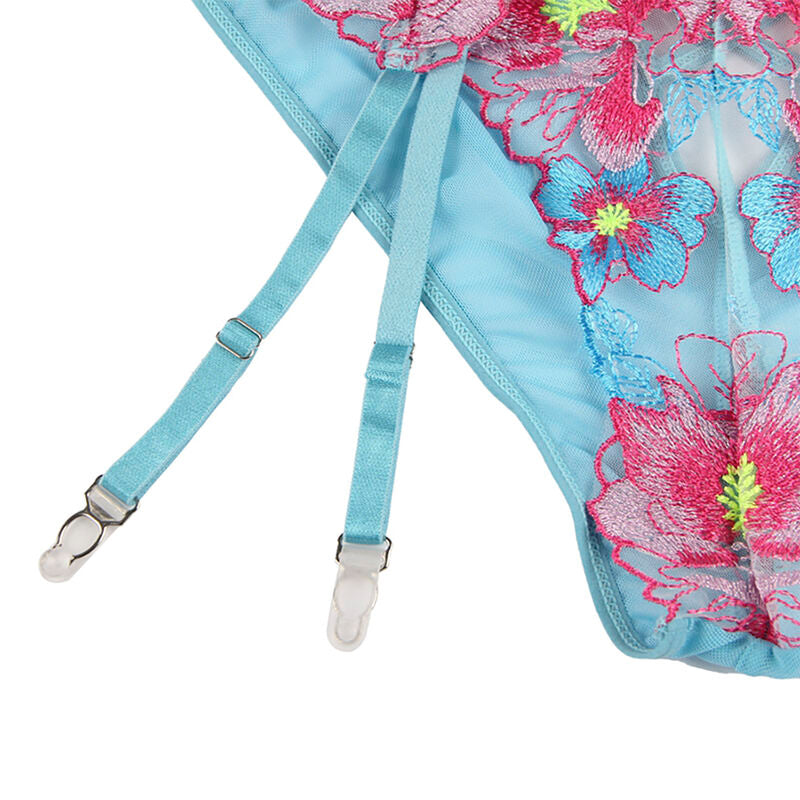 Blå underkläder med strumpband och blomsterdesign