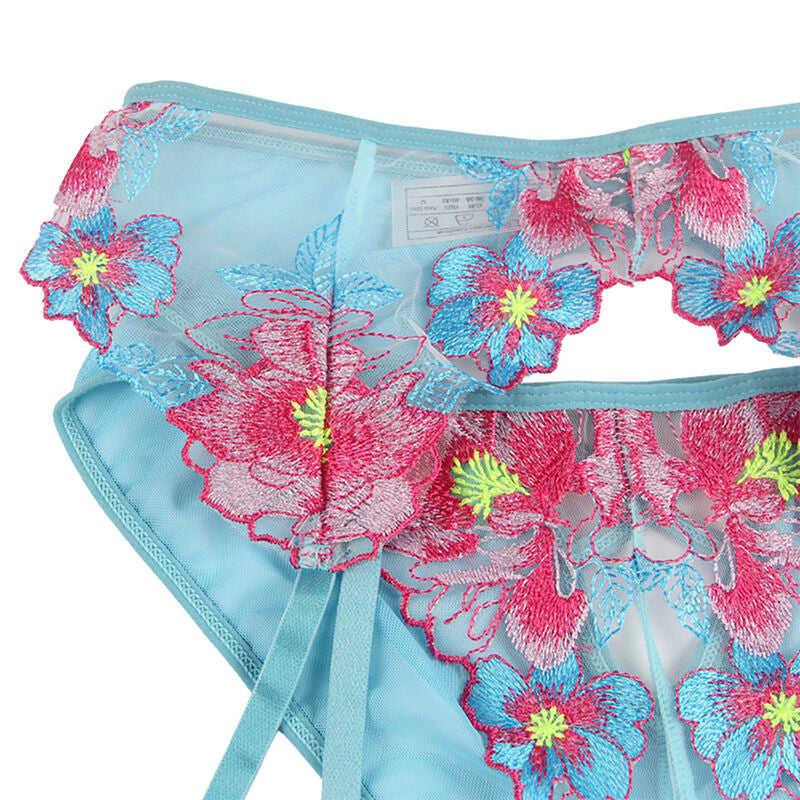 Blå underkläder med strumpband och blomsterdesign