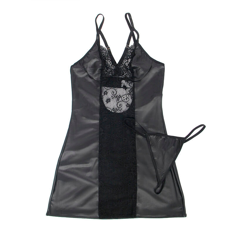SUBBLIME DRESS + THONG i svart läder, storlek L/XL