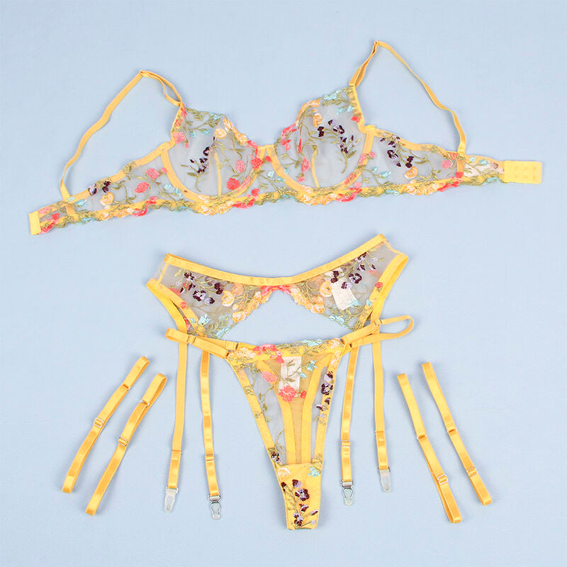 SUBBLIME BH, tanga och strumpband i floral design gul