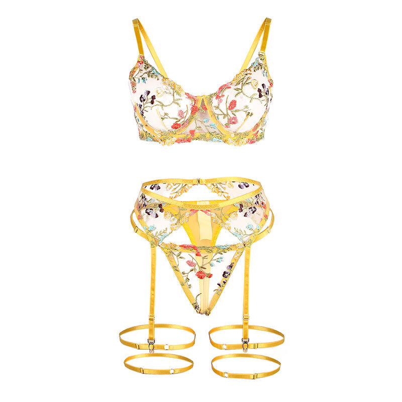 SUBBLIME BH, trosor och strumpband i gul floral design