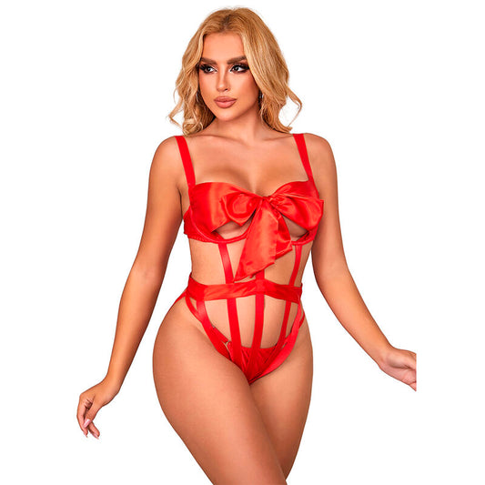 Sublime sexy openwork body med bow i röd färg, storlek L/XL
