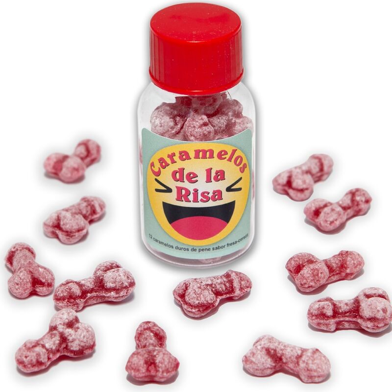 12 penisformade skrattkarameller med jordgubbs- och körsbärssmak