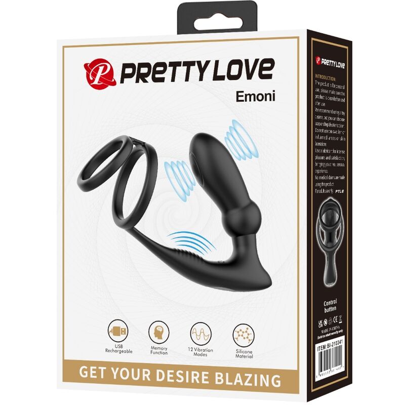 PRETTY LOVE EMONI penisring och analplugg med 12 vibrationer