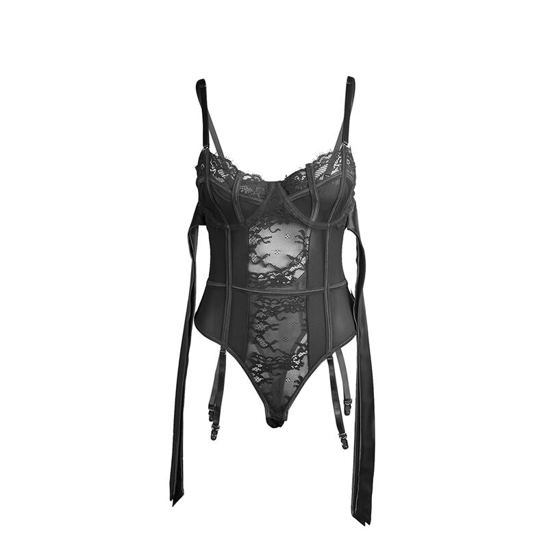 Svart spetsbodysuit med rosetter och strumpeband från SUBBLIME