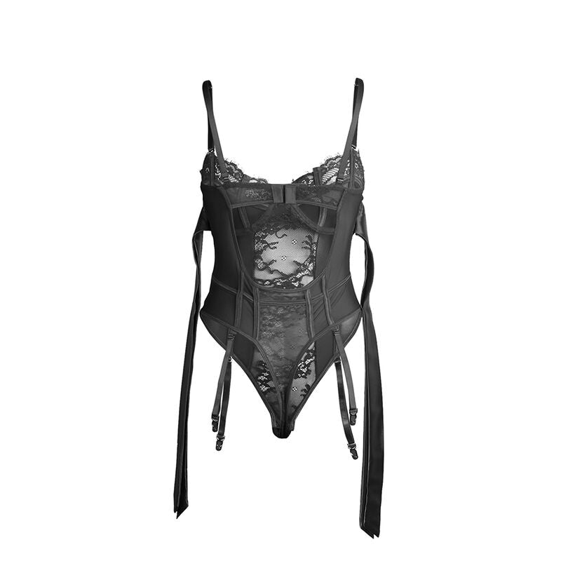 Svart spetsbodysuit med rosetter och strumpeband från SUBBLIME