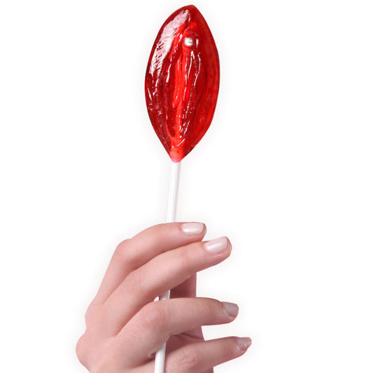 Ätbar lollipop i form av en vagina med jordgubbssmak