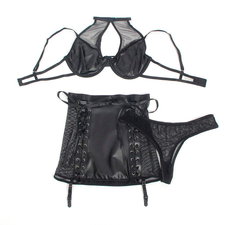 SUBBLIME Svart PU Läder Mesh Lingerie Set