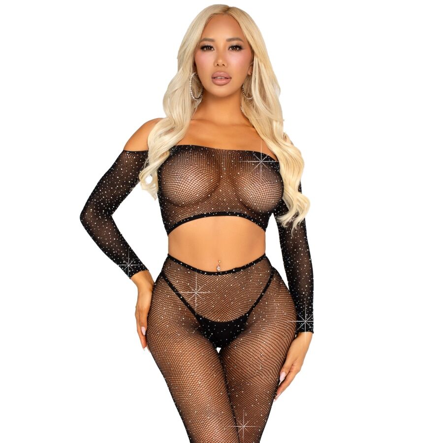 Svart crop top och fishnet leggings med rhinestones