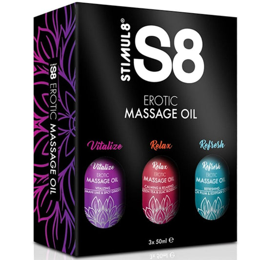 S8 massageolja box med tre dofter 3 x 50 ml