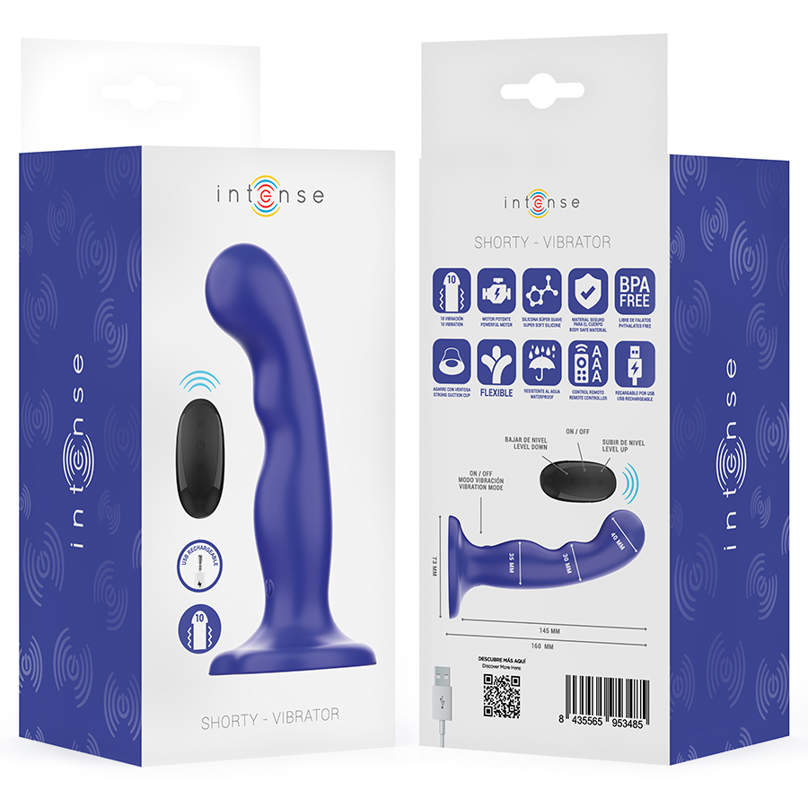 INTENSE SHORTY vibrator med sugkopp och fjärrkontroll i blått