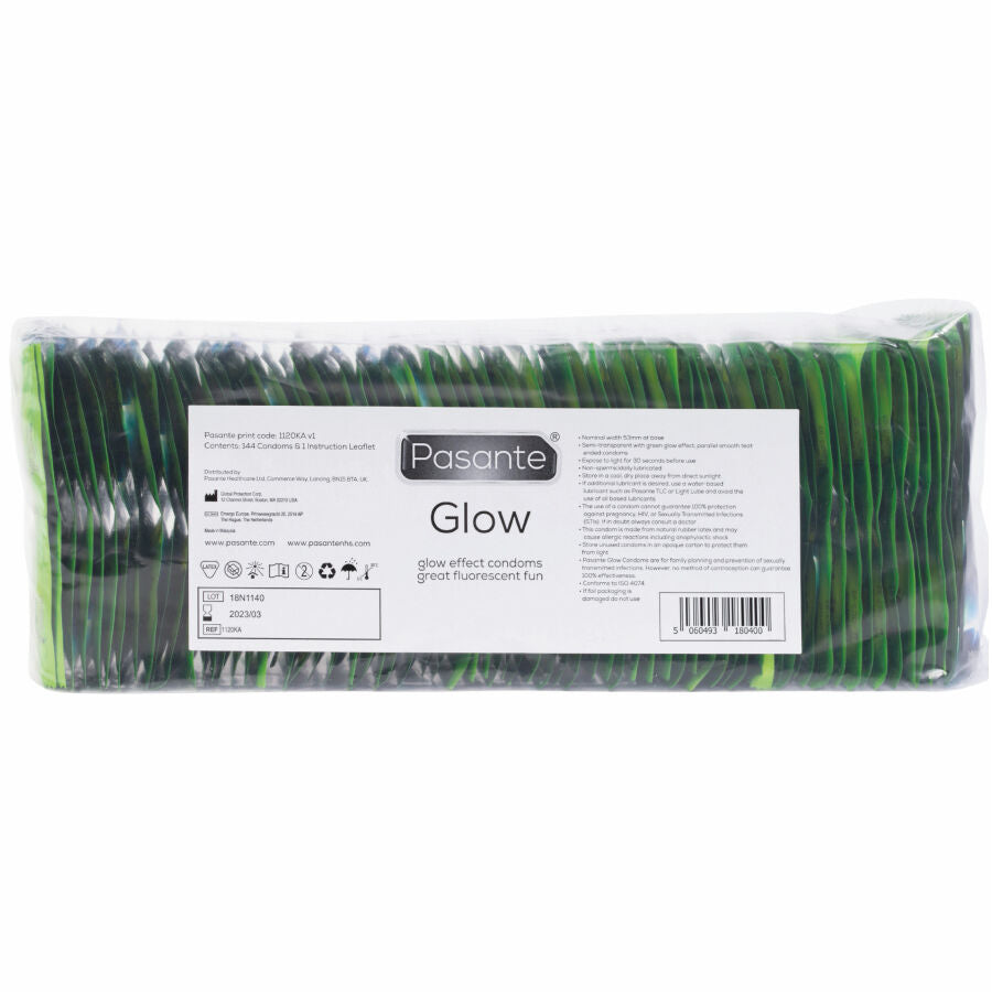 Pasante Glow-kondomer i påse med 144 enheter