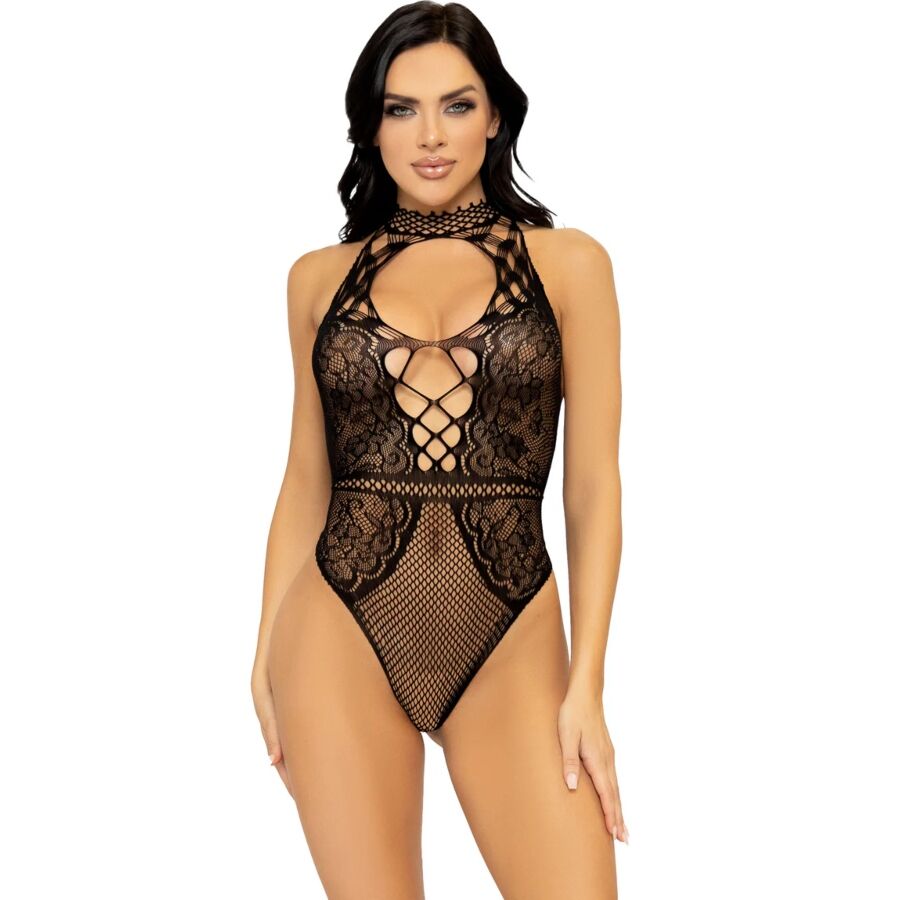 Nät- och spetskeyhole halterneck bodysuit från Leg Avenue