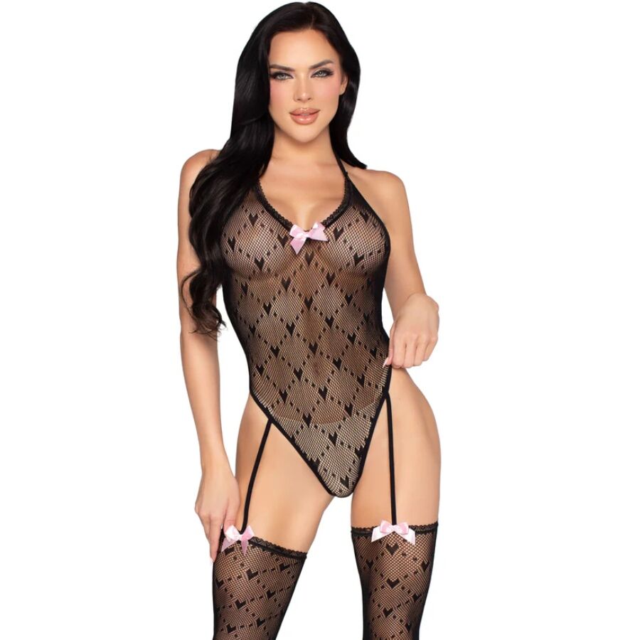 Öppen rygg bodysuit med strumpband i svart från Leg Avenue