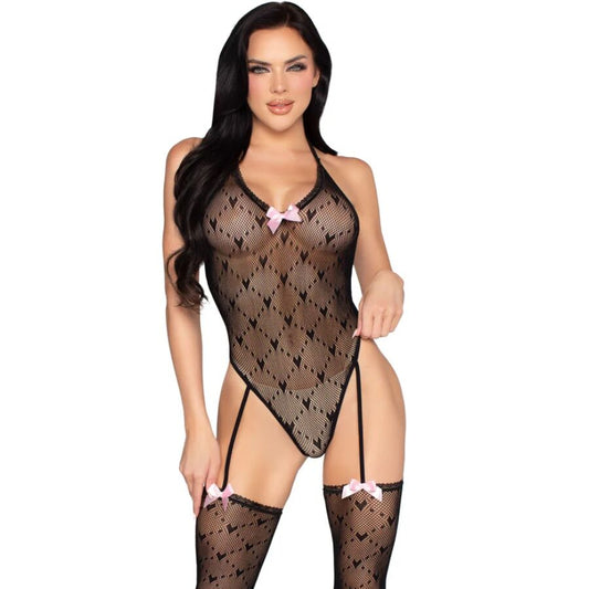 Öppen rygg bodysuit med strumpband i svart från Leg Avenue
