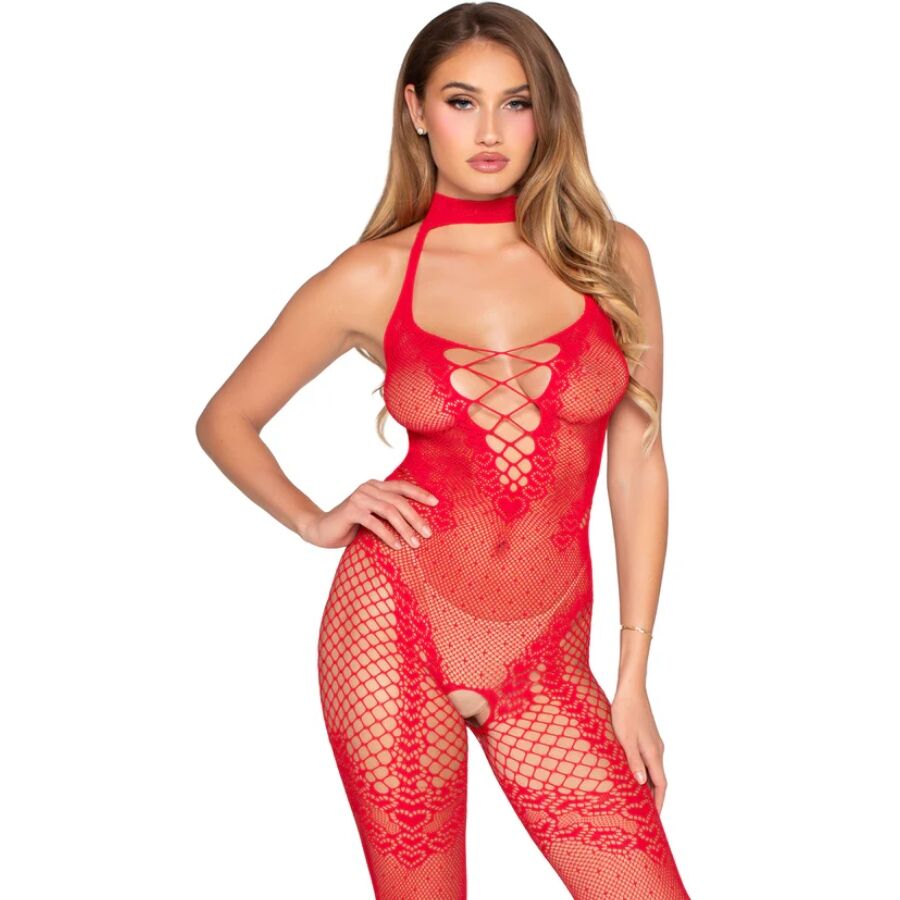 Crotchless bodystocking i röd färg från Leg Avenue