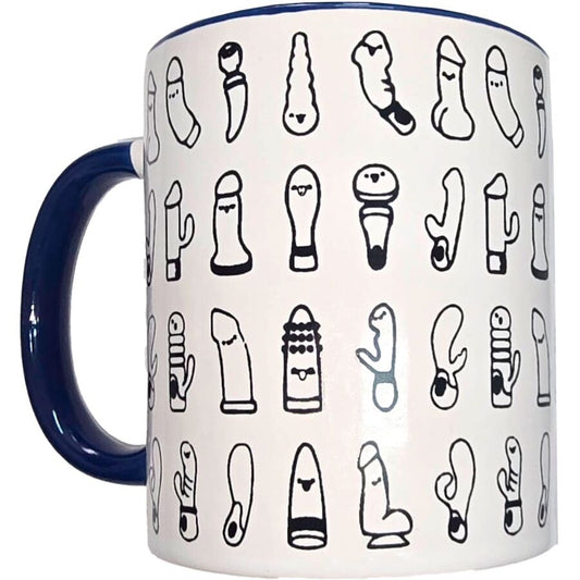 Vit mugg med vibratormotiv och blå handtag, 370 ml