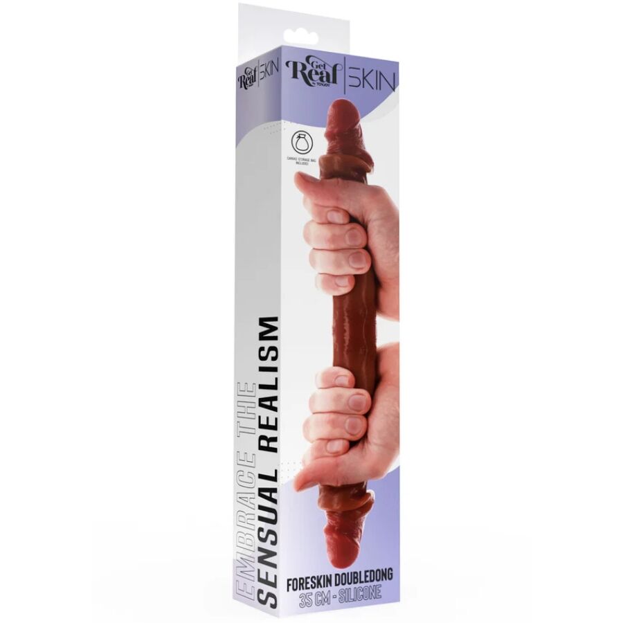 Silikon dildo med förhud, 35 cm, caramel färg