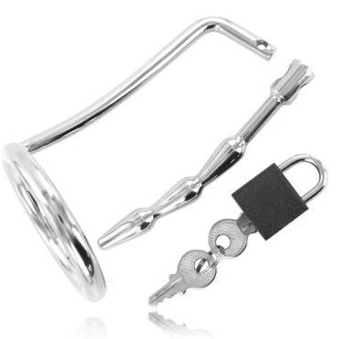 Testikelring med uretralt chastity plug i metall