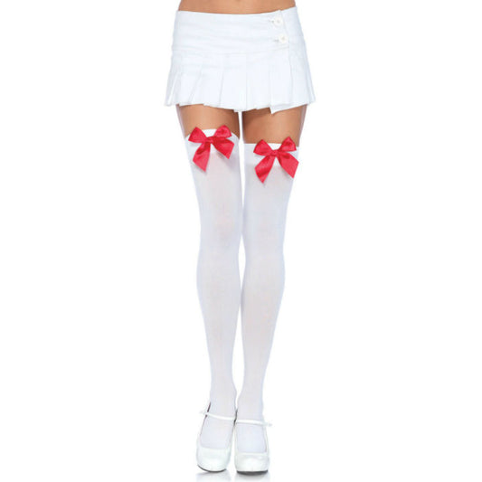 LEG AVENUE - NYLON THIGH HIGHS MED BOW VIT / RÖD